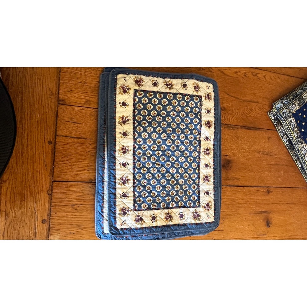 French Quilted Cotton Placemats Blue Floral Made in France Set of 8